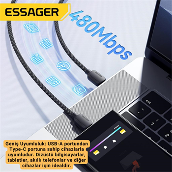 Essager 1 Metre 7A 100W E-Marker Süper Hızlı USB To Type C Şarj Data Kablosu, Akım,Isı, Güçlü Kablo