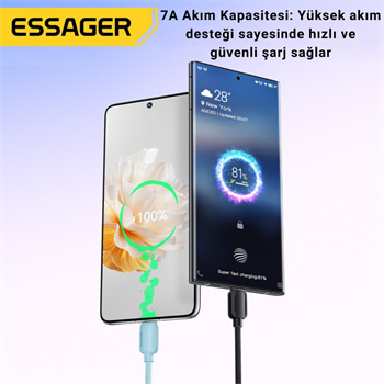 Essager 1 Metre 7A 100W E-Marker Süper Hızlı USB To Type C Şarj Data Kablosu, Akım,Isı, Güçlü Kablo