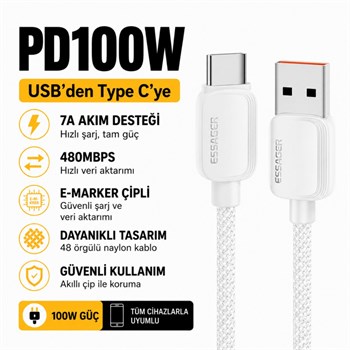 Essager 1 Metre 7A 100W E-Marker Süper Hızlı USB To Type C Şarj Data Kablosu, Akım,Isı, Güçlü Kablo