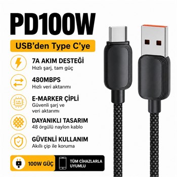 Essager 1 Metre 7A 100W E-Marker Süper Hızlı USB To Type C Şarj Data Kablosu, Akım,Isı, Güçlü Kablo