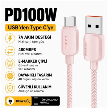 Essager 1 Metre 7A 100W E-Marker Süper Hızlı USB To Type C Şarj Data Kablosu, Akım,Isı, Güçlü Kablo