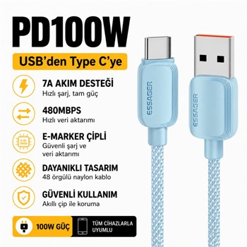 Essager 1 Metre 7A 100W E-Marker Süper Hızlı USB To Type C Şarj Data Kablosu, Akım,Isı, Güçlü Kablo