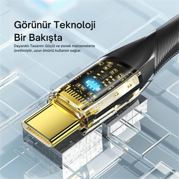 Essager 1 Metre 7A 100W Led Işıklı Süper Hızlı USB To Type C Şarj Data Kablosu, Akım,Isı, Güçlü Kablo