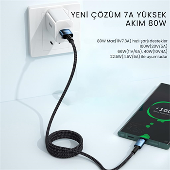 Essager 1 Metre 80W 7A USB to Type-C Süper Hızlı Data Şarj Kablosu, Ultra Dayanıklı Şarj ve Data Kablosu