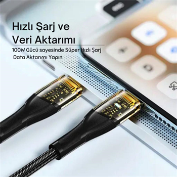 Essager 1 Metre PD 100W Led Işıklı Süper Hızlı Type C To Type C Şarj Data Kablosu, Akım,Isı, Güçlü Kablo