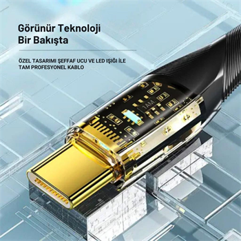 Essager 1 Metre PD 100W Led Işıklı Süper Hızlı Type C To Type C Şarj Data Kablosu, Akım,Isı, Güçlü Kablo