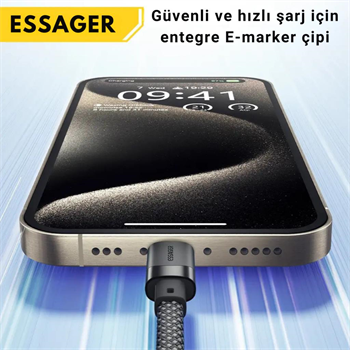 Essager 1 Metre PD 100W Manyetik Süper Hızlı Type C To Type C Şarj Data Kablosu, Akım, Isı Korumalı