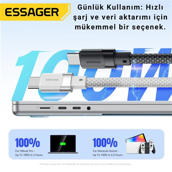 Essager 1 Metre PD 100W Manyetik Süper Hızlı Type C To Type C Şarj Data Kablosu, Akım, Isı Korumalı