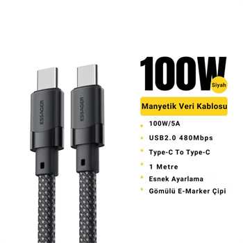 Essager 1 Metre PD 100W Manyetik Süper Hızlı Type C To Type C Şarj Data Kablosu, Akım, Isı Korumalı