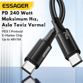 Essager 1 Metre PD 240W  Type-C to Type-C Mega Hızlı Data Şarj Kablosu, Telefon, Tablet, Laptop Şarj Kablosu