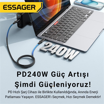 Essager 1 Metre PD 240W  Type-C to Type-C Mega Hızlı Data Şarj Kablosu, Telefon, Tablet, Laptop Şarj Kablosu