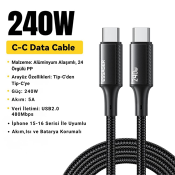 Essager 1 Metre PD 240W  Type-C to Type-C Mega Hızlı Data Şarj Kablosu, Telefon, Tablet, Laptop Şarj Kablosu