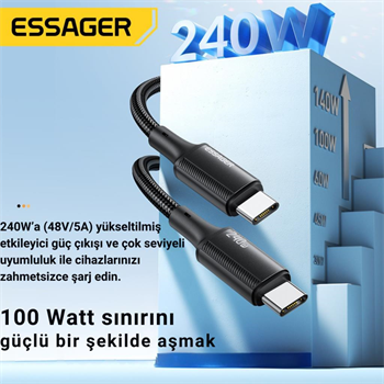 Essager 1 Metre PD 240W  Type-C to Type-C Mega Hızlı Data Şarj Kablosu, Telefon, Tablet, Laptop Şarj Kablosu
