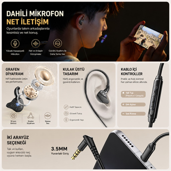 ESSAGER 1.2 Metre 3.5mm Kablolu Hi-Fi Mikrofonlu Gaming Kulak İçi Kulaklık 10mm Grafen Sürücü, Gecikmesiz Kulaklık