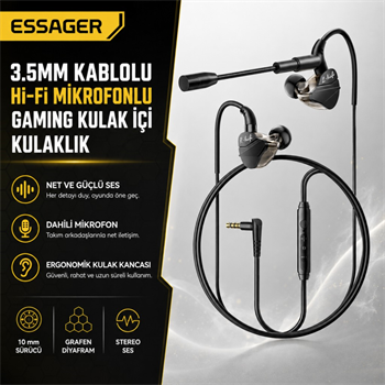 ESSAGER 1.2 Metre 3.5mm Kablolu Hi-Fi Mikrofonlu Gaming Kulak İçi Kulaklık 10mm Grafen Sürücü, Gecikmesiz Kulaklık