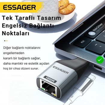 Essager 1000Mbps Type-C to RJ45 Dönüştürücü, Gecikmesiz Süper Hızlı Type C To Ethernet Çevirici
