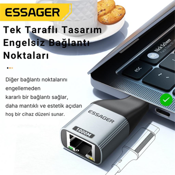 Essager 1000Mbps Type-C to RJ45 Dönüştürücü, Gecikmesiz Süper Hızlı Type C To Ethernet Çevirici