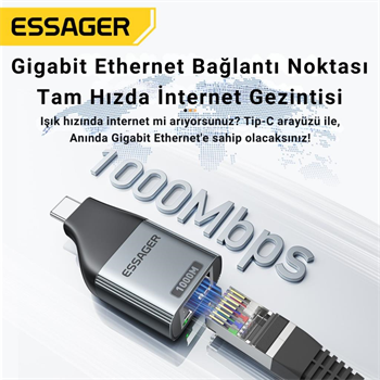 Essager 1000Mbps Type-C to RJ45 Dönüştürücü, Gecikmesiz Süper Hızlı Type C To Ethernet Çevirici