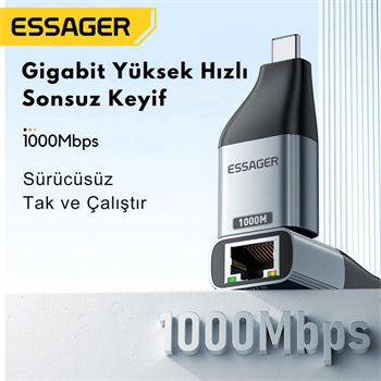 Essager 1000Mbps Type-C to RJ45 Dönüştürücü, Gecikmesiz Süper Hızlı Type C To Ethernet Çevirici