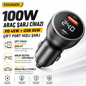 ESSAGER 100W Araç Şarj Cihazı PD Type C 45W + USB 55W Çift Port Hızlı Şarj Dijital Göstergeli Araç Şarj Adaptörü