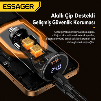 ESSAGER 100W Araç Şarj Cihazı PD Type C 45W + USB 55W Çift Port Hızlı Şarj Dijital Göstergeli Araç Şarj Adaptörü
