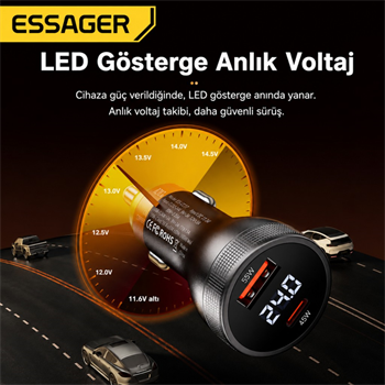 ESSAGER 100W Araç Şarj Cihazı PD Type C 45W + USB 55W Çift Port Hızlı Şarj Dijital Göstergeli Araç Şarj Adaptörü
