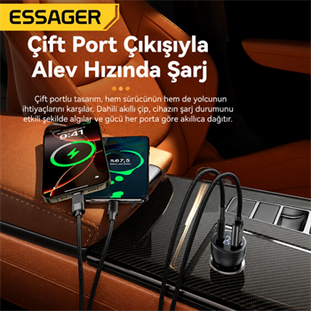 ESSAGER 100W Araç Şarj Cihazı PD Type C 45W + USB 55W Çift Port Hızlı Şarj Dijital Göstergeli Araç Şarj Adaptörü