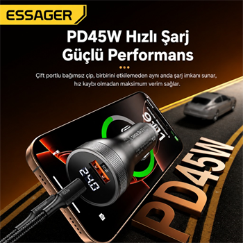 ESSAGER 100W Araç Şarj Cihazı PD Type C 45W + USB 55W Çift Port Hızlı Şarj Dijital Göstergeli Araç Şarj Adaptörü