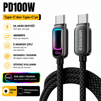 Essager 100W PD Type-C to Type-C RGB Işıklı Hızlı Şarj Kablosu | 5A E-Marker Çipli 480Mbps Örgülü USB-C Kablo