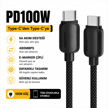 Essager 100W PD USB-C Type-C to Type-C 5A E-Marker Çipli Hızlı Şarj ve 480Mbps Data Aktarım Örgülü Kablo