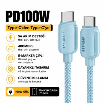 Essager 100W PD USB-C Type-C to Type-C 5A E-Marker Çipli Hızlı Şarj ve 480Mbps Data Aktarım Örgülü Kablo
