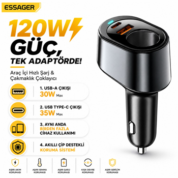 ESSAGER 120W Süper Hızlı Araç Şarj Cihazı – 35W Type-C + 30W USB Hızlı Şarj ve 85W Çakmaklık Çoklayıcı