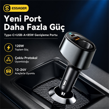 ESSAGER 120W Süper Hızlı Araç Şarj Cihazı – 35W Type-C + 30W USB Hızlı Şarj ve 85W Çakmaklık Çoklayıcı