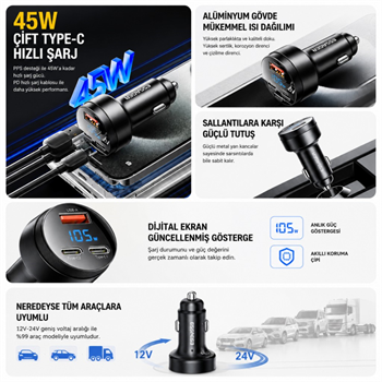 Essager 12V-24V 105W Dijital Ekranlı Süper Hızlı Araç Şarj Cihazı 2x Type-C + USB-A 3 Port PD PPS Hızlı Şarj 