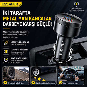 Essager 12V-24V 105W Dijital Ekranlı Süper Hızlı Araç Şarj Cihazı 2x Type-C + USB-A 3 Port PD PPS Hızlı Şarj 