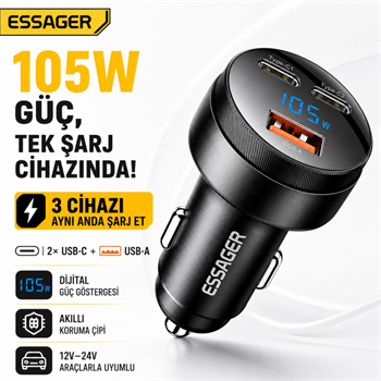 Essager 12V-24V 105W Dijital Ekranlı Süper Hızlı Araç Şarj Cihazı 2x Type-C + USB-A 3 Port PD PPS Hızlı Şarj 