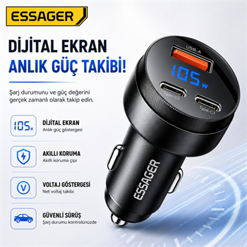 Essager 12V-24V 105W Dijital Ekranlı Süper Hızlı Araç Şarj Cihazı 2x Type-C + USB-A 3 Port PD PPS Hızlı Şarj 