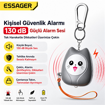 ESSAGER 130 dB Kişisel Güvenlik Alarmı – LED Fenerli, Çekmeli Acil Durum Alarmı, 450mAh Şarjlı Taşınabilir Anahtarlık