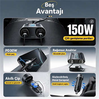 ESSAGER 150W Araç Çakmaklık Çoklayıcı 2 Çakmaklık + 3 USB-A + 2 Type-C 30W Hızlı Şarj 12V-24V Uyumlu