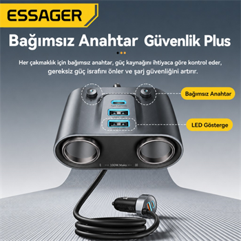 ESSAGER 150W Araç Çakmaklık Çoklayıcı 2 Çakmaklık + 3 USB-A + 2 Type-C 30W Hızlı Şarj 12V-24V Uyumlu
