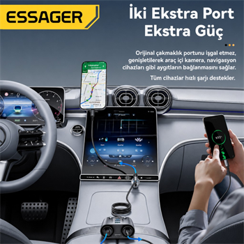 ESSAGER 150W Araç Çakmaklık Çoklayıcı 2 Çakmaklık + 3 USB-A + 2 Type-C 30W Hızlı Şarj 12V-24V Uyumlu