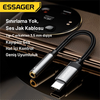Essager 15CM Type C To 3.5mm Aux Kulaklık Ses Dönüştürücü Adaptör, Hifi Ses Destekli Aux Çevirici