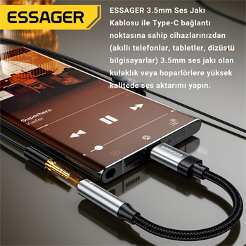 Essager 15CM Type C To 3.5mm Aux Kulaklık Ses Dönüştürücü Adaptör, Hifi Ses Destekli Aux Çevirici