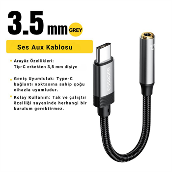 Essager 15CM Type C To 3.5mm Aux Kulaklık Ses Dönüştürücü Adaptör, Hifi Ses Destekli Aux Çevirici