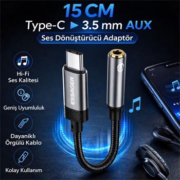 Essager 15CM Type C To 3.5mm Aux Kulaklık Ses Dönüştürücü Adaptör, Hifi Ses Destekli Aux Çevirici