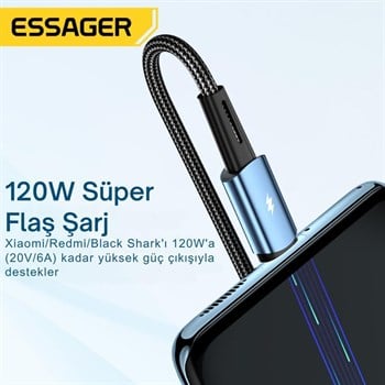 Essager 2 Metre 120W 6A PD3.1 USB to Type-C Mega Hızlı Data Şarj Kablosu, Ultra Sağlam Halat Kablo Kopmaz