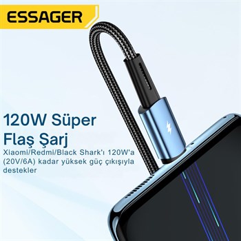 Essager 2 Metre 120W 6A PD3.1 USB to Type-C Mega Hızlı Data Şarj Kablosu, Ultra Sağlam Halat Kablo Kopmaz