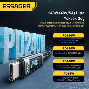 Essager 2 Metre 240W Dijital Ekranlı Type-C to Type-C Mega Hızlı Data Şarj Kablosu, Ultra Sağlam Halat Kablo Kopmaz