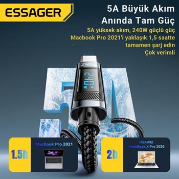 Essager 2 Metre 240W Dijital Ekranlı Type-C to Type-C Mega Hızlı Data Şarj Kablosu, Ultra Sağlam Halat Kablo Kopmaz