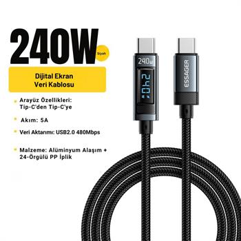 Essager 2 Metre 240W Dijital Ekranlı Type-C to Type-C Mega Hızlı Data Şarj Kablosu, Ultra Sağlam Halat Kablo Kopmaz
